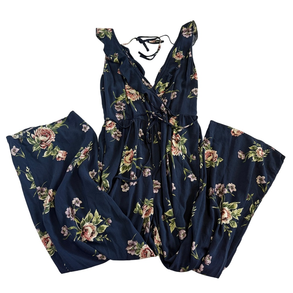 Xhilaration Navy Floral Wide Leg Jumpsuit Small Ruffle Surplice Tie Waist Rose